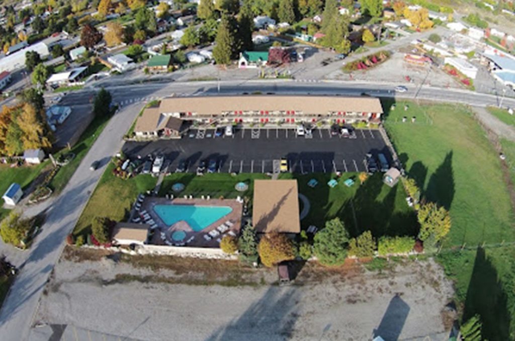 Aerial view of mountain view lodge and resort