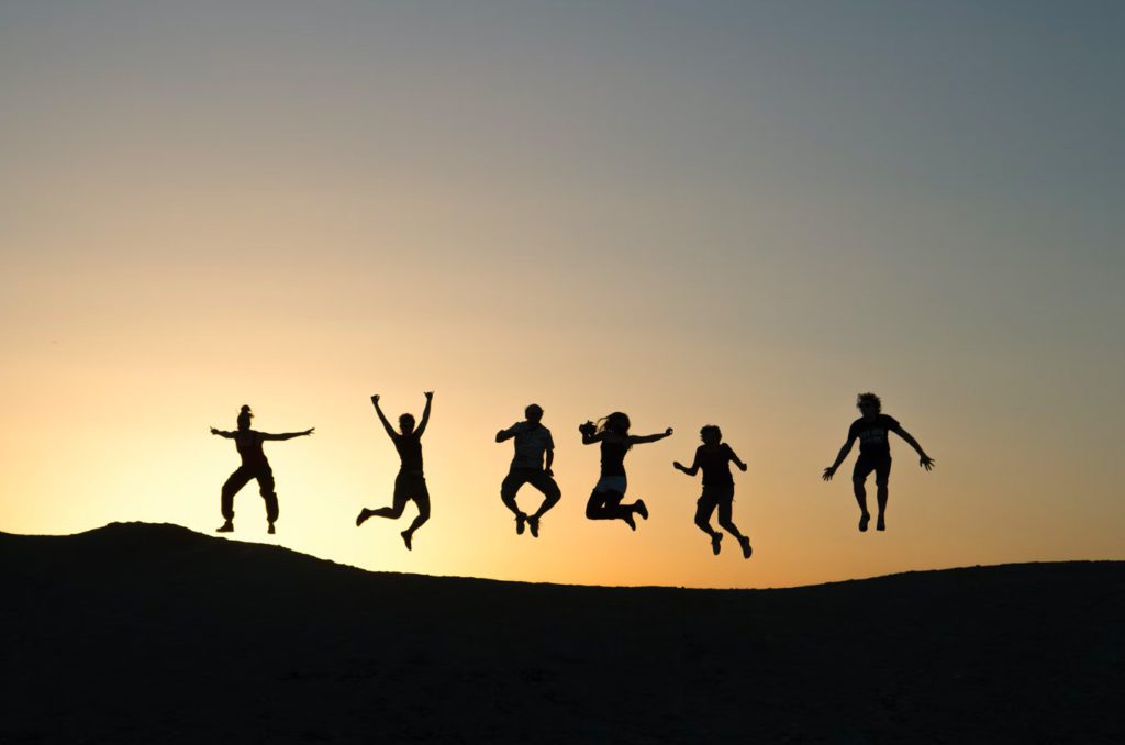 Silhouette of a family of six jumping up on top of a moountain with a sunset in the background