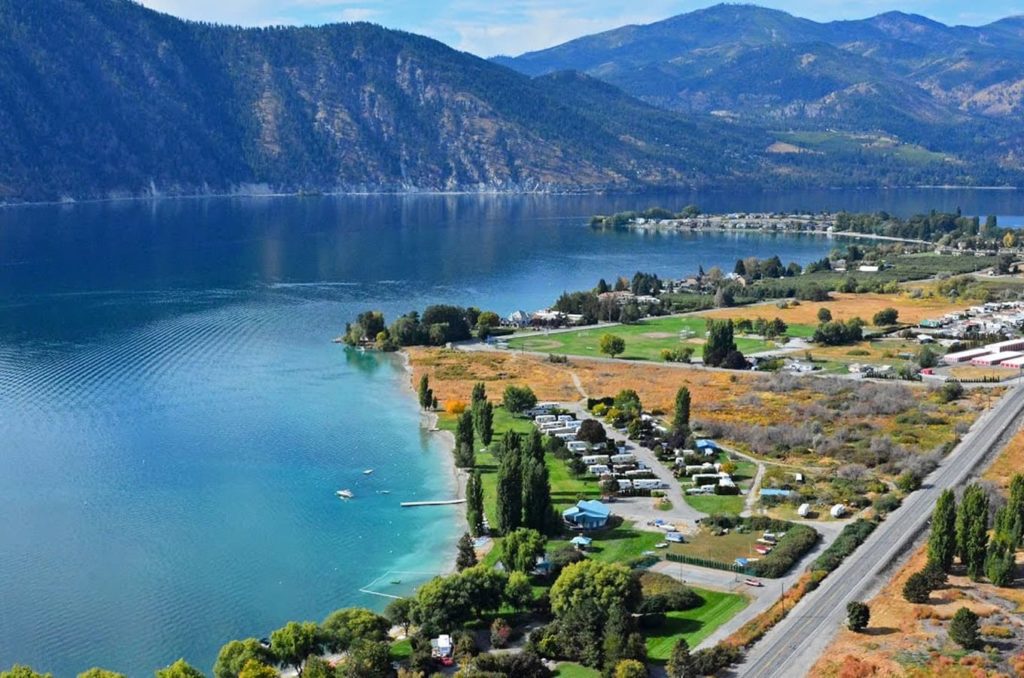 Aerial view of Lake Chelan lake during a beautiful sunny day