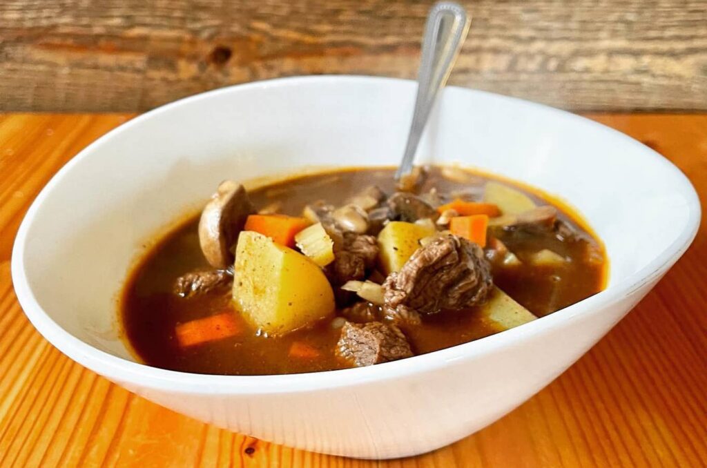 Hot bowl of beef stew soup in Lake Chelan