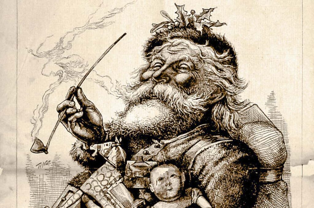 Old drawn image of st. nick holding a bunch of toys