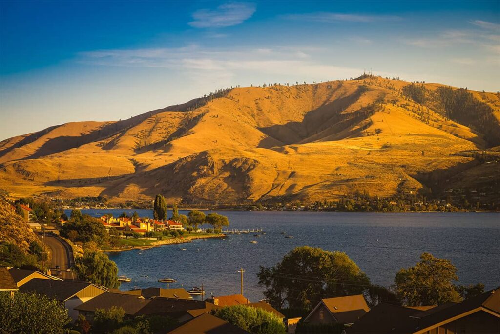 View of Lake Chelan during sunset hours in spring 2023
